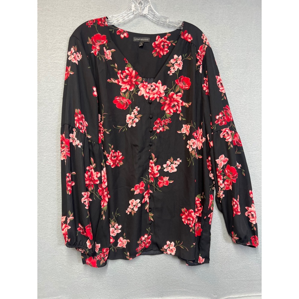 Lane Bryant Floral V-Neck Button Front Blouse Black Red Plus Size 22